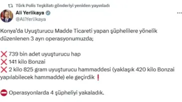 Konya’da Uyuşturucu Operasyonları: 739 Bin Hap Ele Geçirildi