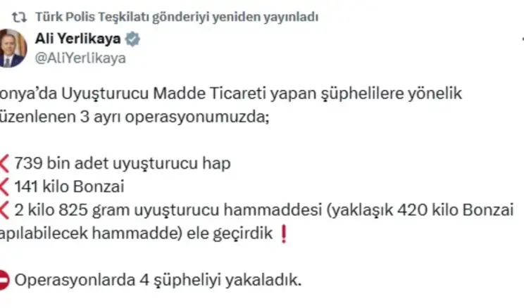 Konya’da Uyuşturucu Operasyonları: 739 Bin Hap Ele Geçirildi