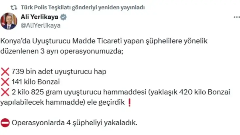 Konya’da Uyuşturucu Operasyonları: 739 Bin Hap Ele Geçirildi